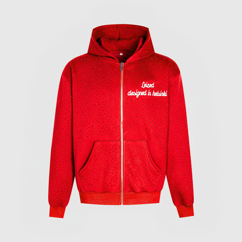 TIMELESS RHINESTONE ZIP-UP HOODIE - RED