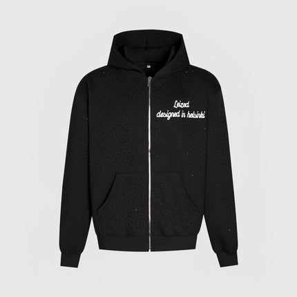 TIMELESS RHINESTONE ZIP-UP HOODIE - BLACK