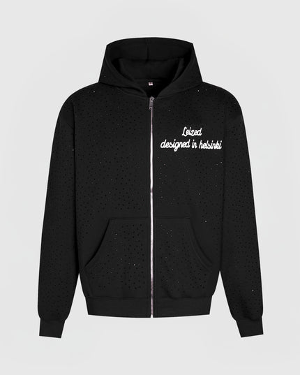 TIMELESS RHINESTONE ZIP-UP HOODIE - BLACK