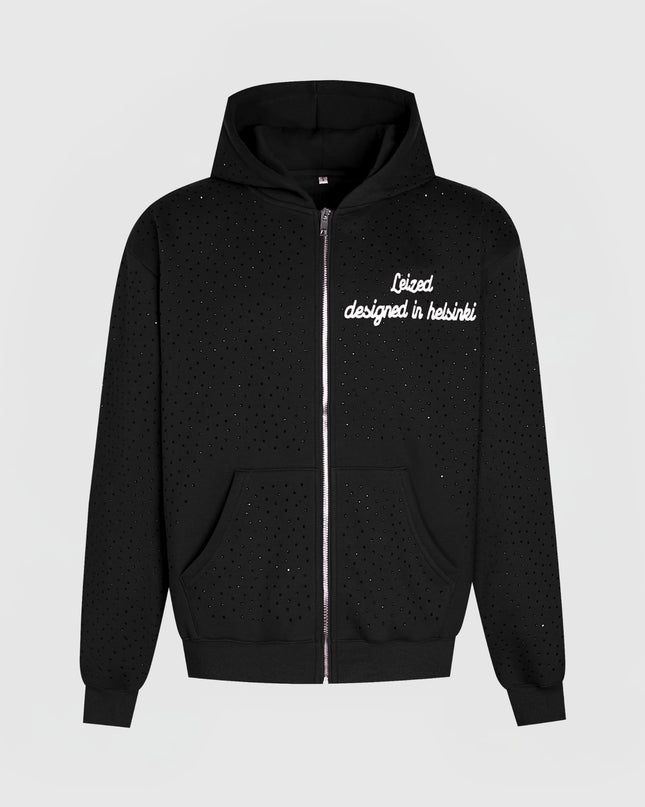 TIMELESS RHINESTONE ZIP-UP HOODIE - BLACK