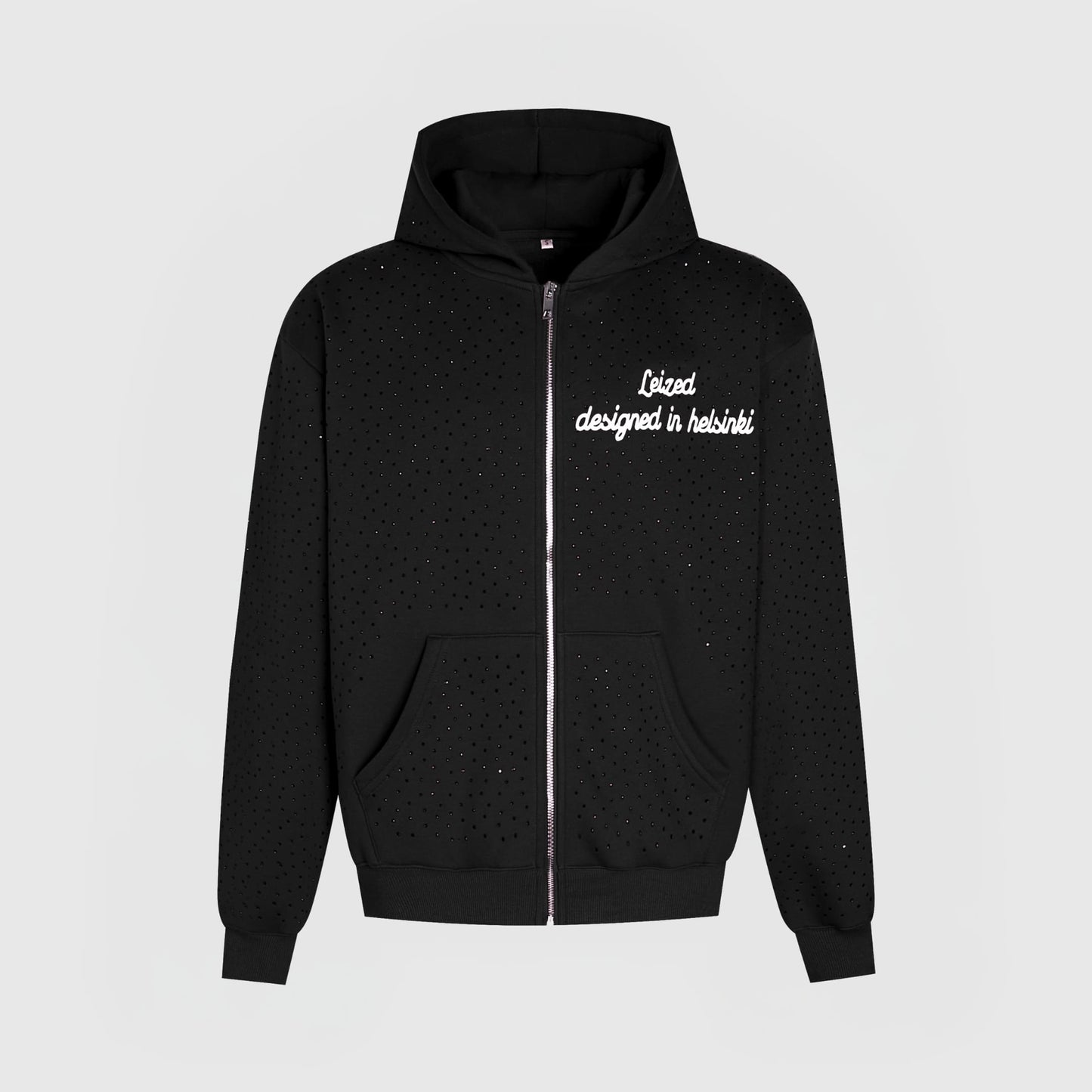 TIMELESS RHINESTONE ZIP-UP HOODIE - BLACK