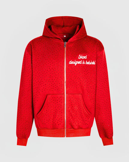 TIMELESS RHINESTONE ZIP-UP HOODIE - RED