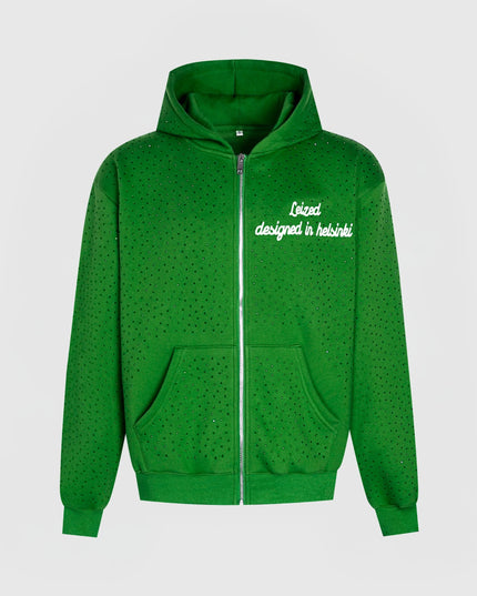 TIMELESS RHINESTONE ZIP-UP HOODIE - GREEN