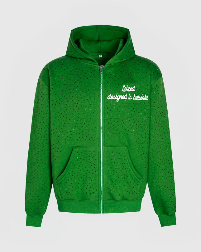 TIMELESS RHINESTONE ZIP-UP HOODIE - GREEN