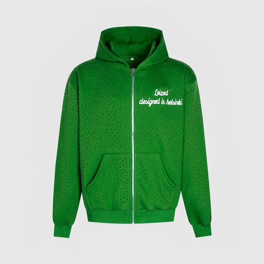 TIMELESS RHINESTONE ZIP-UP HOODIE - GREEN