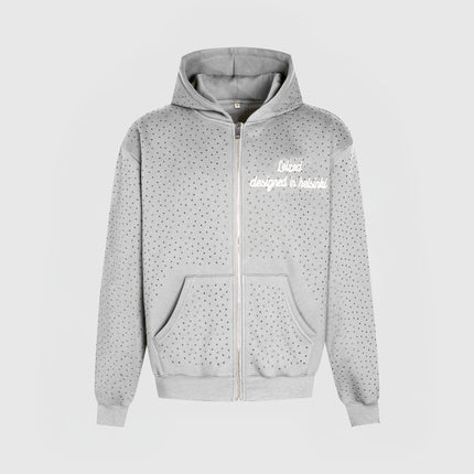 TIMELESS RHINESTONE ZIP-UP HOODIE - GREY