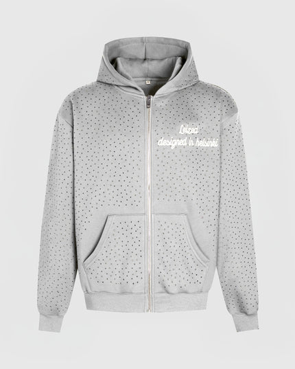 TIMELESS RHINESTONE ZIP-UP HOODIE - GREY
