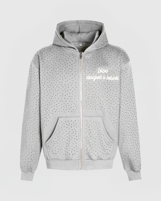 TIMELESS RHINESTONE ZIP-UP HOODIE - GREY